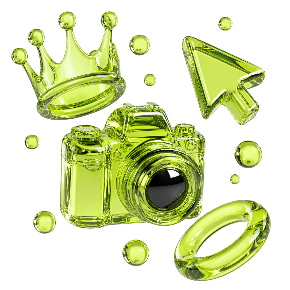 Liquid glass 3D camera, crown, cursor and ring sculpture